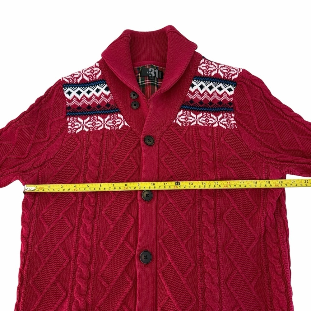 LE 31 SIMONS Red Fair Isle Shawl Collar Cotton Cardigan m - Picture 10 of 13